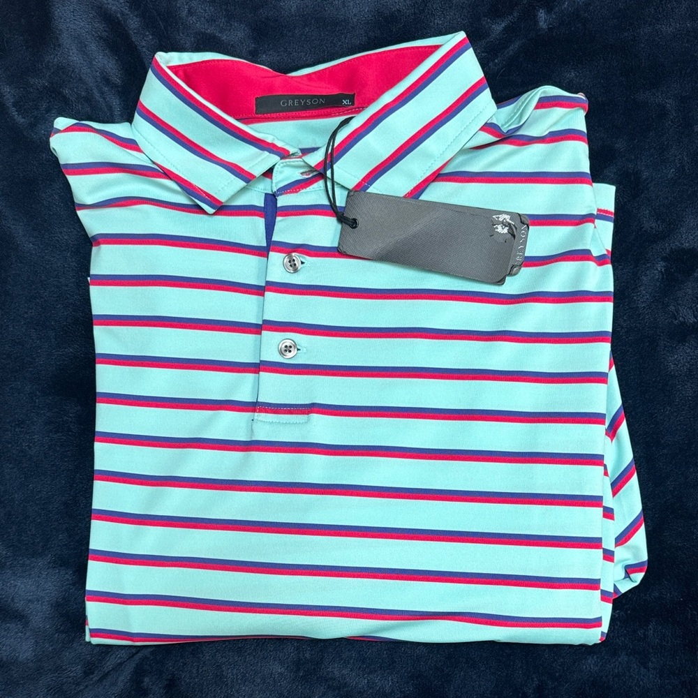 Greyson Aqua and Pink Striped Polo